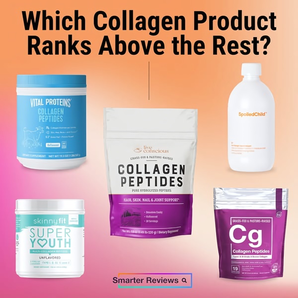 A flat-lay style ad featuring five popular collagen supplement products arranged to invite consumer comparison.